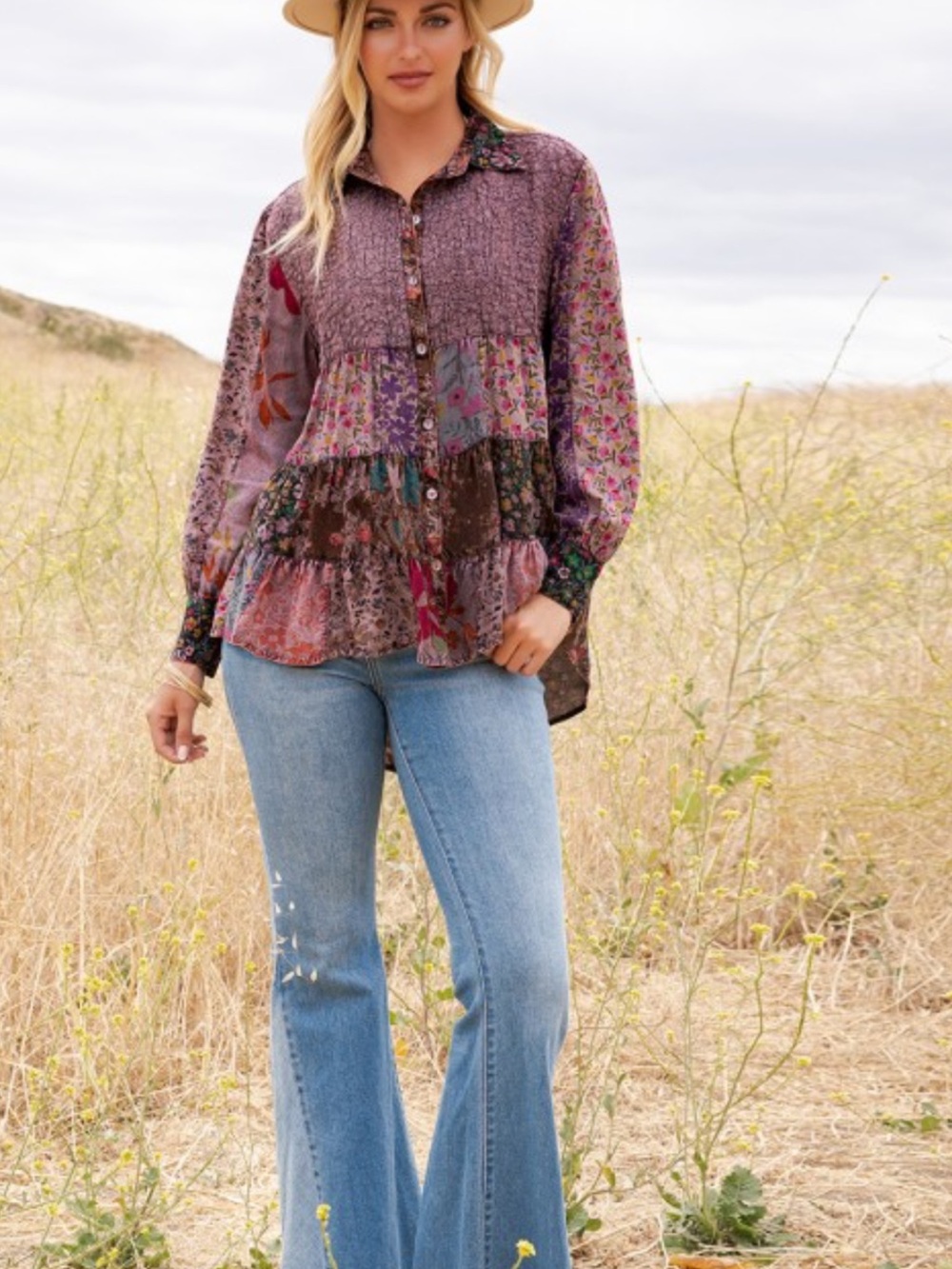 YTF1โ๐๐ค STUNNING FALL JHABLAS Patchwork Boho Button-Front Tunic - Picture 2 of 7